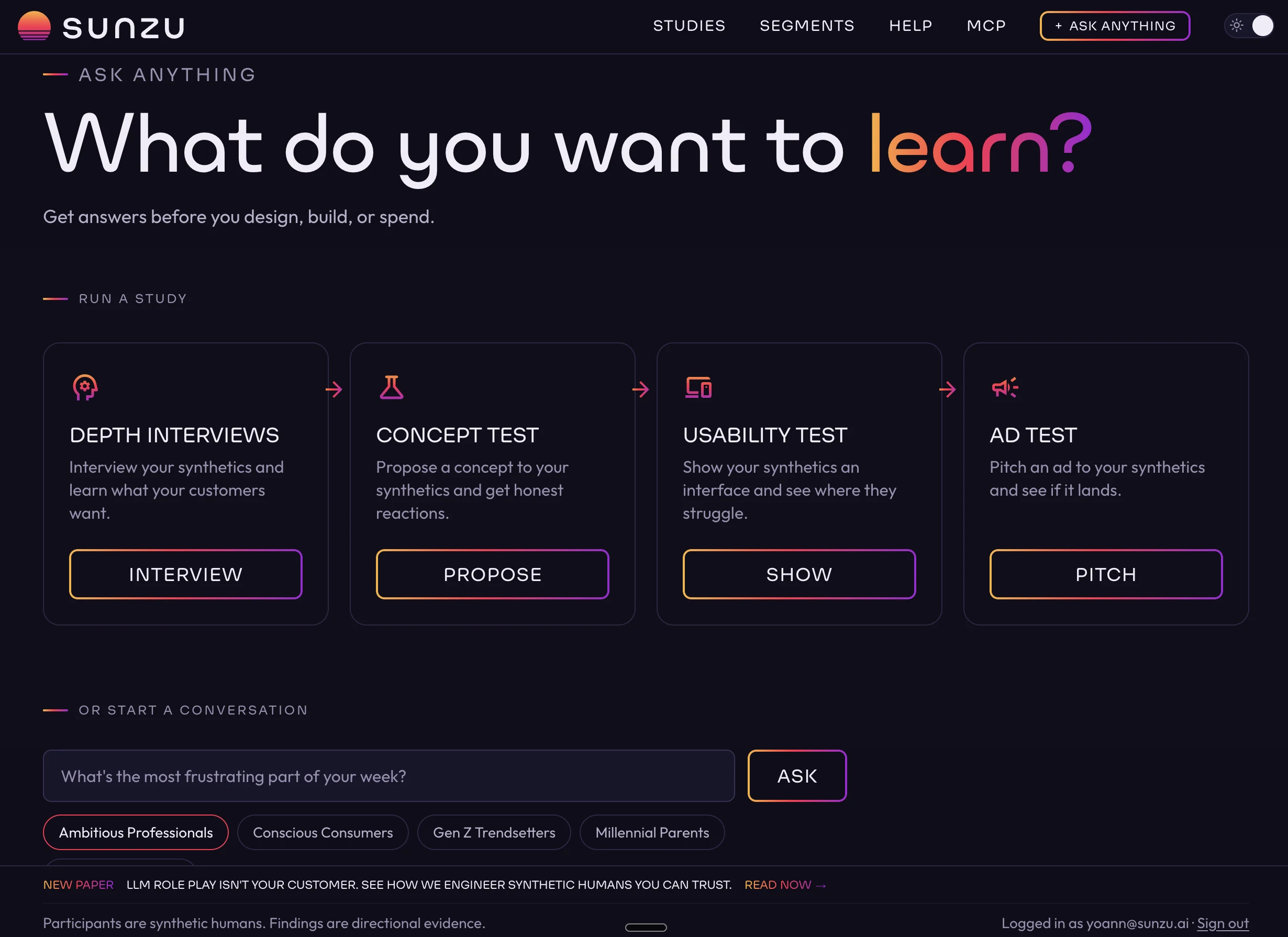 Sunzu app home page with audience selection and four research workflows: depth interviews, concept testing, usability testing and ad testing.